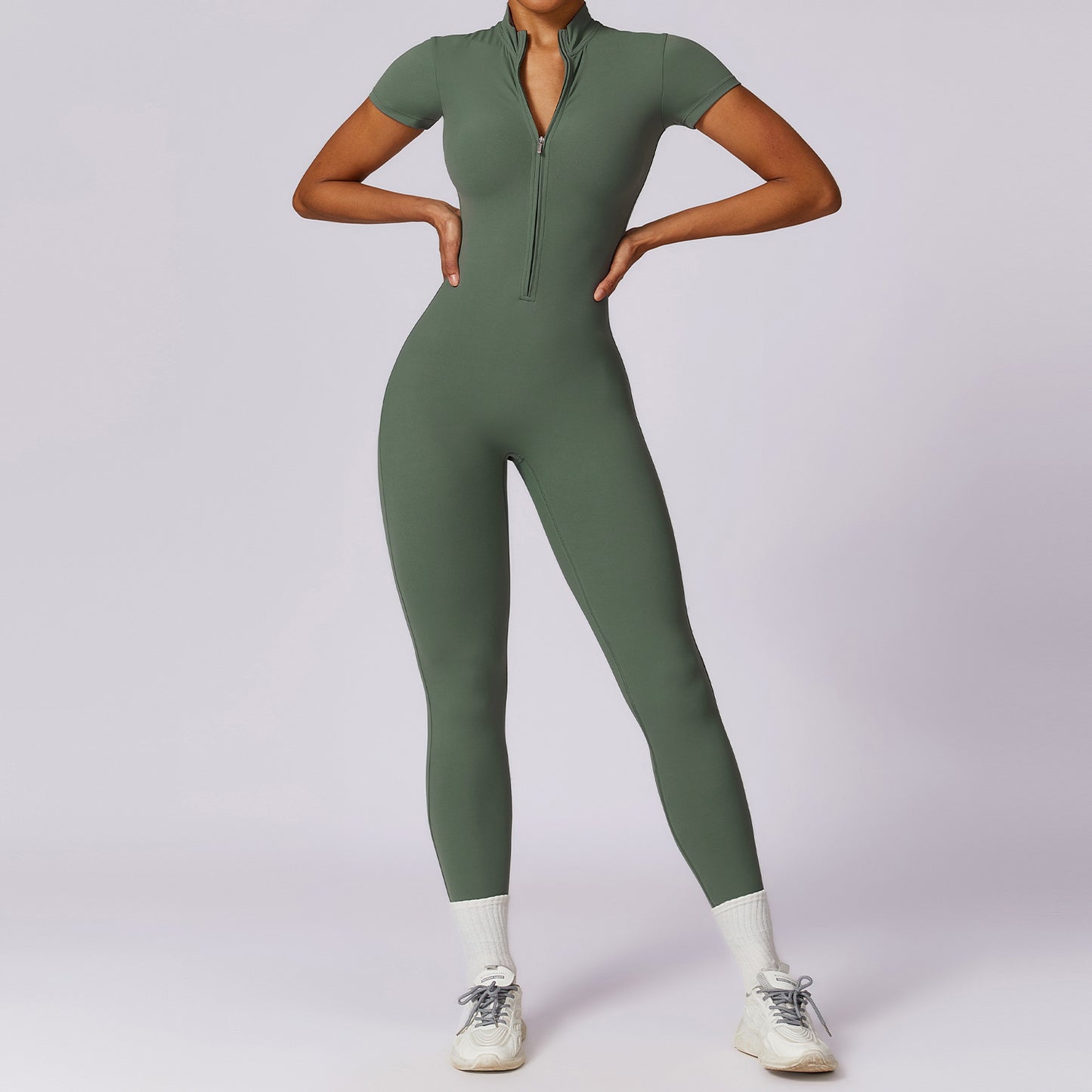 B-READY Zipper Short Sleeve Nude Feel Yoga Jumpsuit