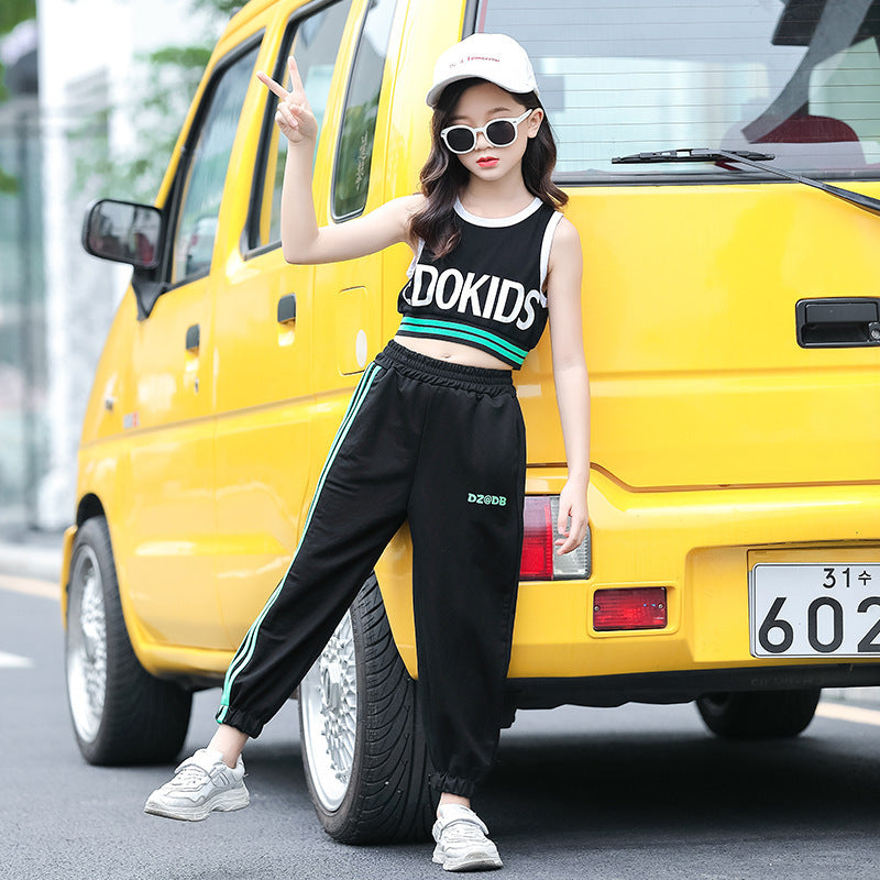 B-READY Girls Big Kids Summer Suit New Girl Western Style Navel Blouse Vest Two-piece Sports and Leisure