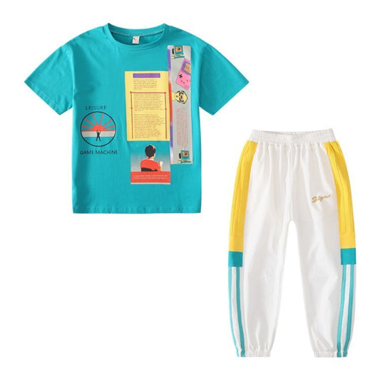 B-READY Short-sleeved T-shirt Set, Big Kids Sports, Western Style, Korean Printing