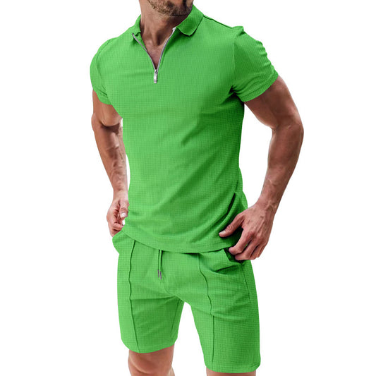 B-READY 2026 2Pcs MUSCLE SHIRT UND SHORTS Casual Waffle Suit Summer Zipper Lapel Short-sleeved Top And Drawstring Pockets Shorts Versatile Solid Color T-shirt Set For Mens Clothing