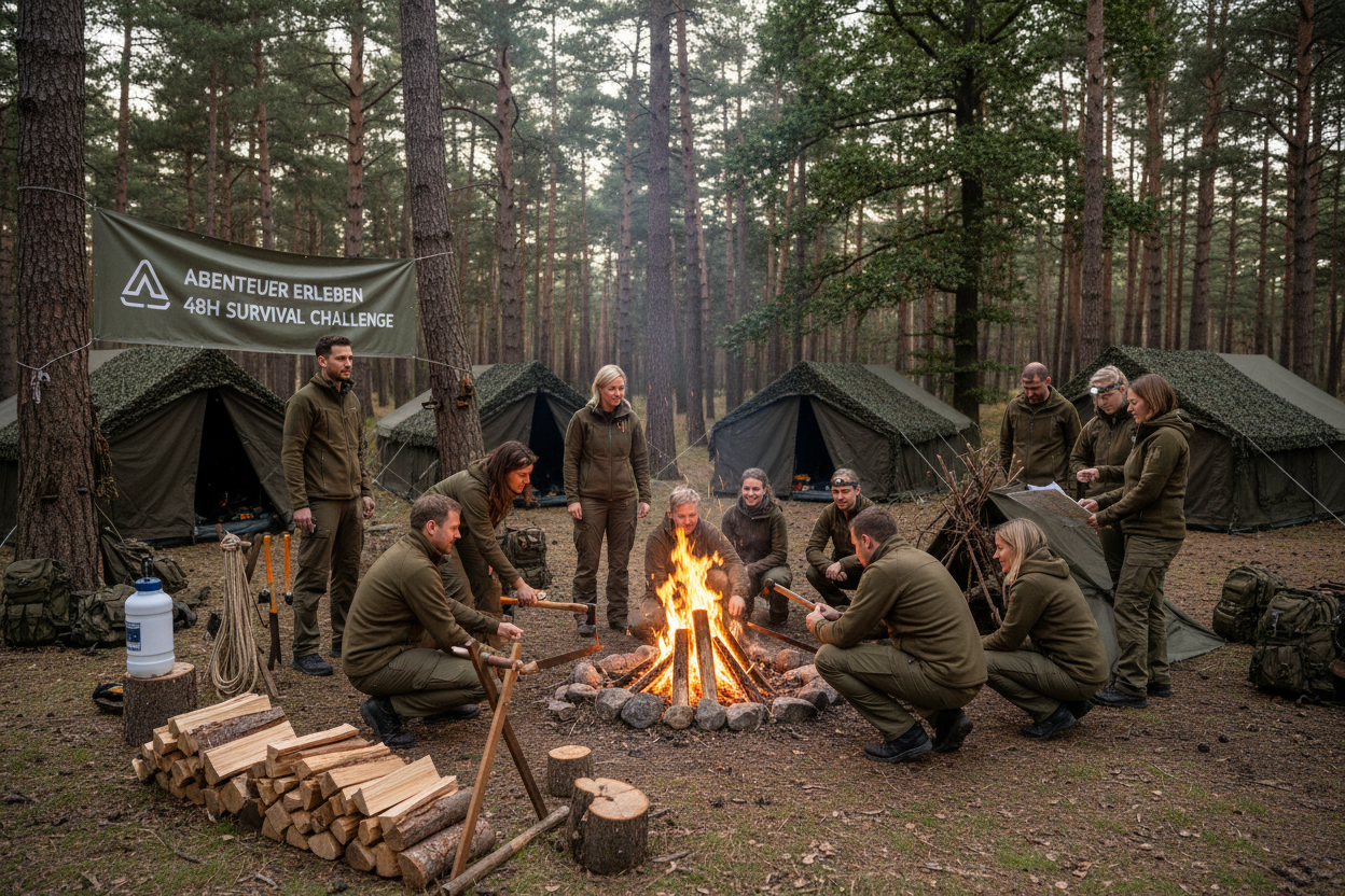 🏕️ 48H SURVIVAL BIWAK - Das ultimative Firmen-Erlebnis!
2 Tage & 1 Nacht in der Wildnis - Bundeswehr-Style! Komplettes Survival-Erlebnis mit Zelten, Lagerfeuer, Bushcraft und extremem Team-Bonding. Alles inklusive - auch Transport!
✅ KOMPLETT-PAKET ENTHALTEN (€4,500):
🚌 TRANSPORT & ANREISE:
🚌 Gecharterte Busse - Abholung am Firmenstandort
🗺️ Transfer zur Wildnis-Location - Hin & Zurück
📋 Komplette Organisation - Ihr müsst euch um nichts kümmern
🏕️ CAMP & AUSRÜSTUNG:
⛺ Bundeswehr-Zelt