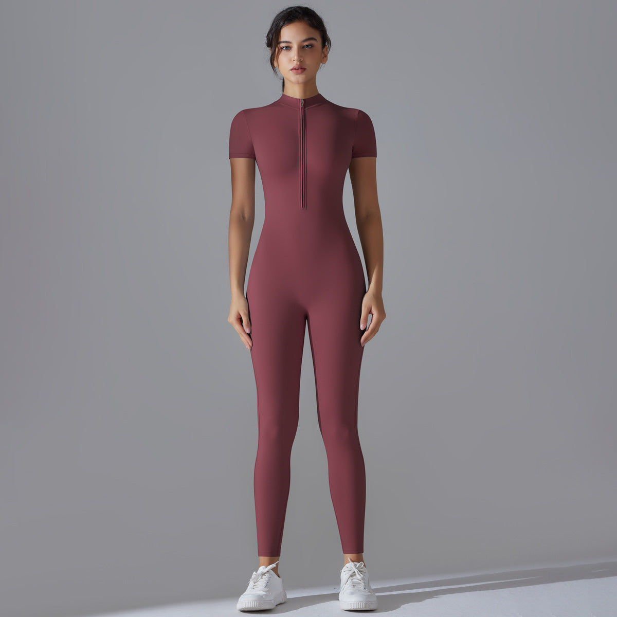 B-READY Women's Zipper Short Sleeve Yoga Bodysuit