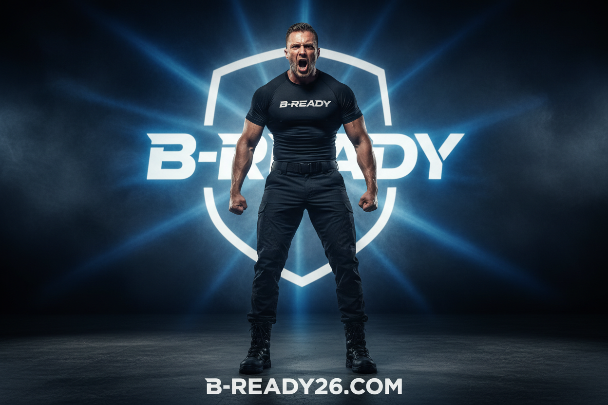A muscular, authoritative male speaker stands center frame like a military drill sergeant.
He speaks loudly, clearly, aggressively, with discipline and dominance.
Behind him, a large glowing B-READY logo fills the background at all times.
The website B-READY26.COM is permanently visible on screen in bold white text.
He wears black B-READY performance gear. Sweat, intensity, focus.
Camera slightly low angle to make him look powerful and commanding.
Cinematic 4K, high contrast, dark athletic atmosphere.
SC
