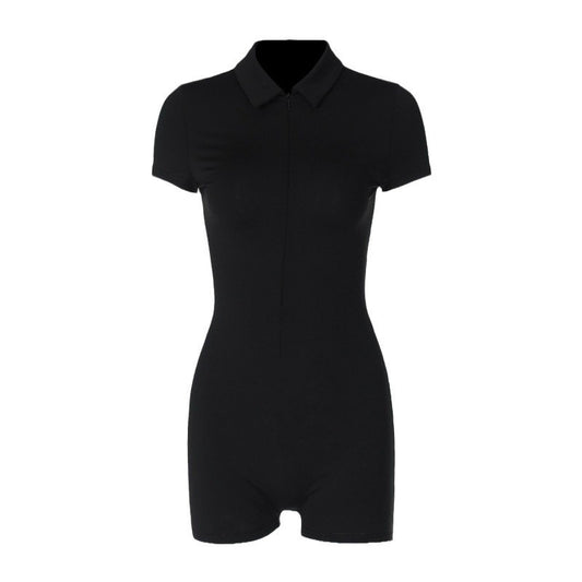 B-READY Zipper And Lapel Short Sleeve Yoga Jumpsuit