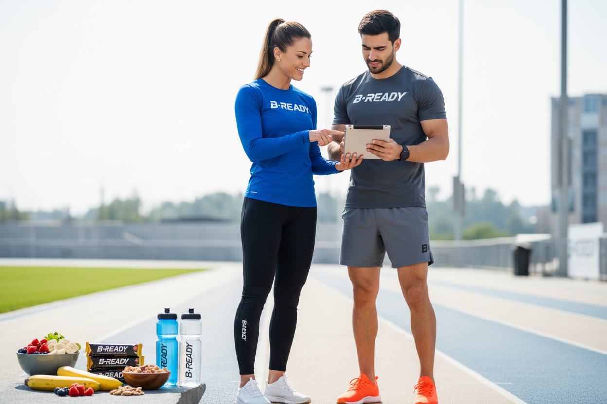 create a image of a marathon trainer and a marathon beginner both in B-READY runner outfit and B-READY logo and some healthy food in the corner make it professional