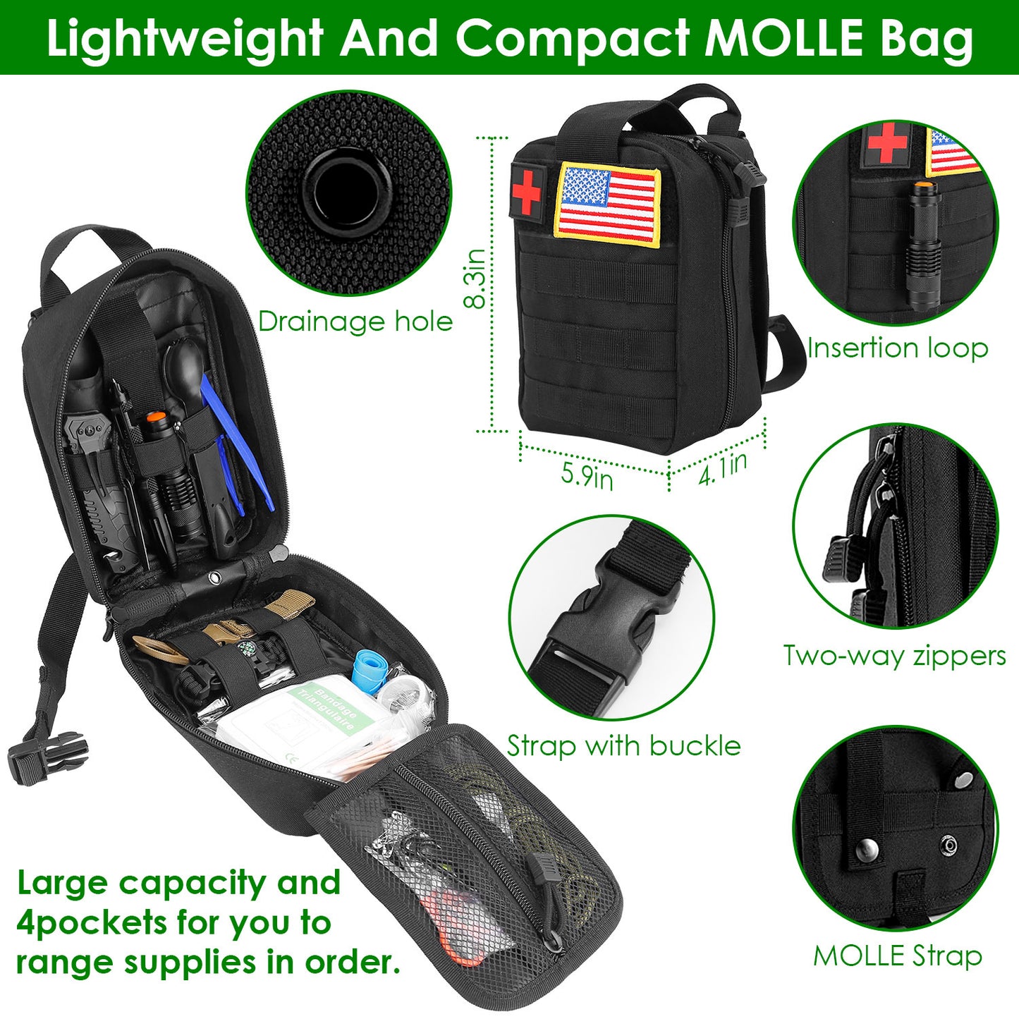 B-READY 47Pcs Emergency Survival Kit Survival EDC Gear Equipment Tool First Aid Supplies Kit Tools With Pouch For Hiking Hunting Disaster Camping Adventure