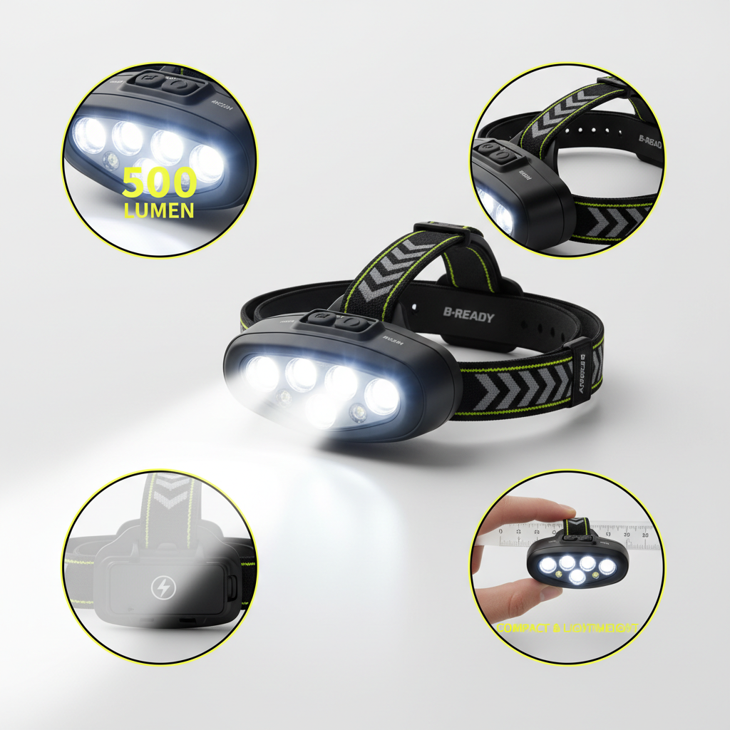 gwneriere ein profwssionelles produkt bild mit detail bilder und B-READY RUN HEADLIONE💡 B-READY Stirnlampe Laufen - Erhelle deine Nacht-Läufe!
Ultra-helle 500 Lumen LED Stirnlampe für Trail Running, Marathon & Nacht-Training