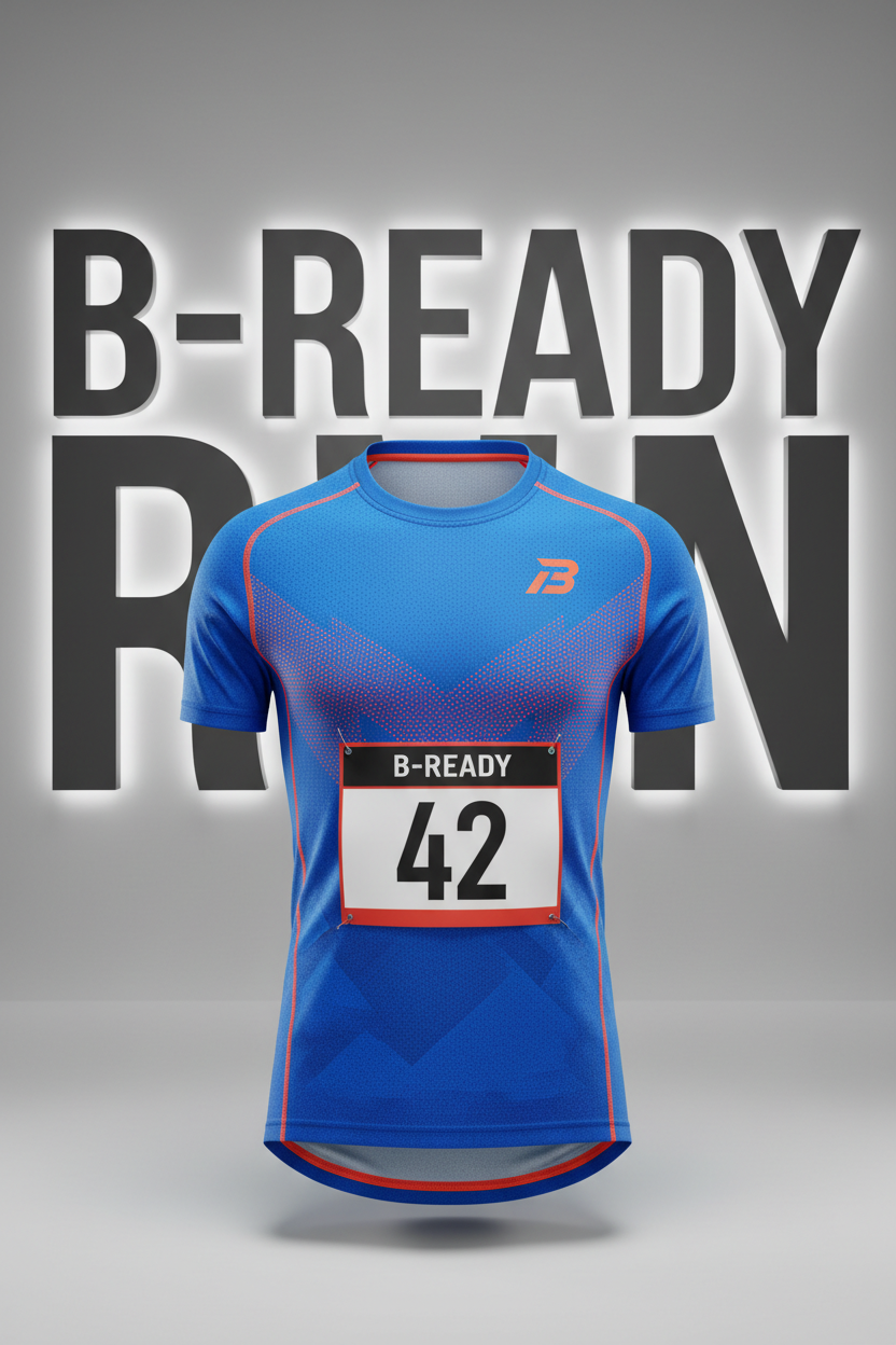 mache ein B-READY TRIKOT mit einer marathon zahl auf bauch höhe und big B-READY RUN logo in background