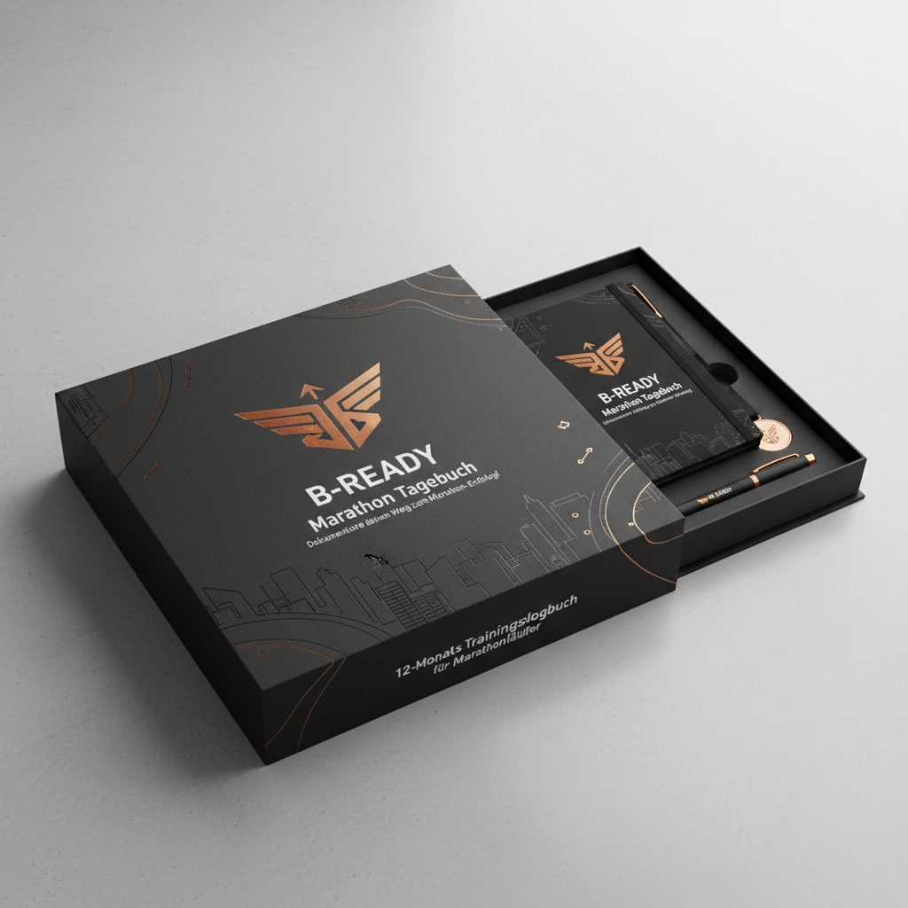 Mit B-READY Logo on top with giftset box 📖 B-READY Marathon Tagebuch - Dokumentiere deinen Weg zum Marathon-Erfolg!
Das ultimative Trainings-Logbuch für Marathon-Läufer - 12 Monate strukturierte Planung
