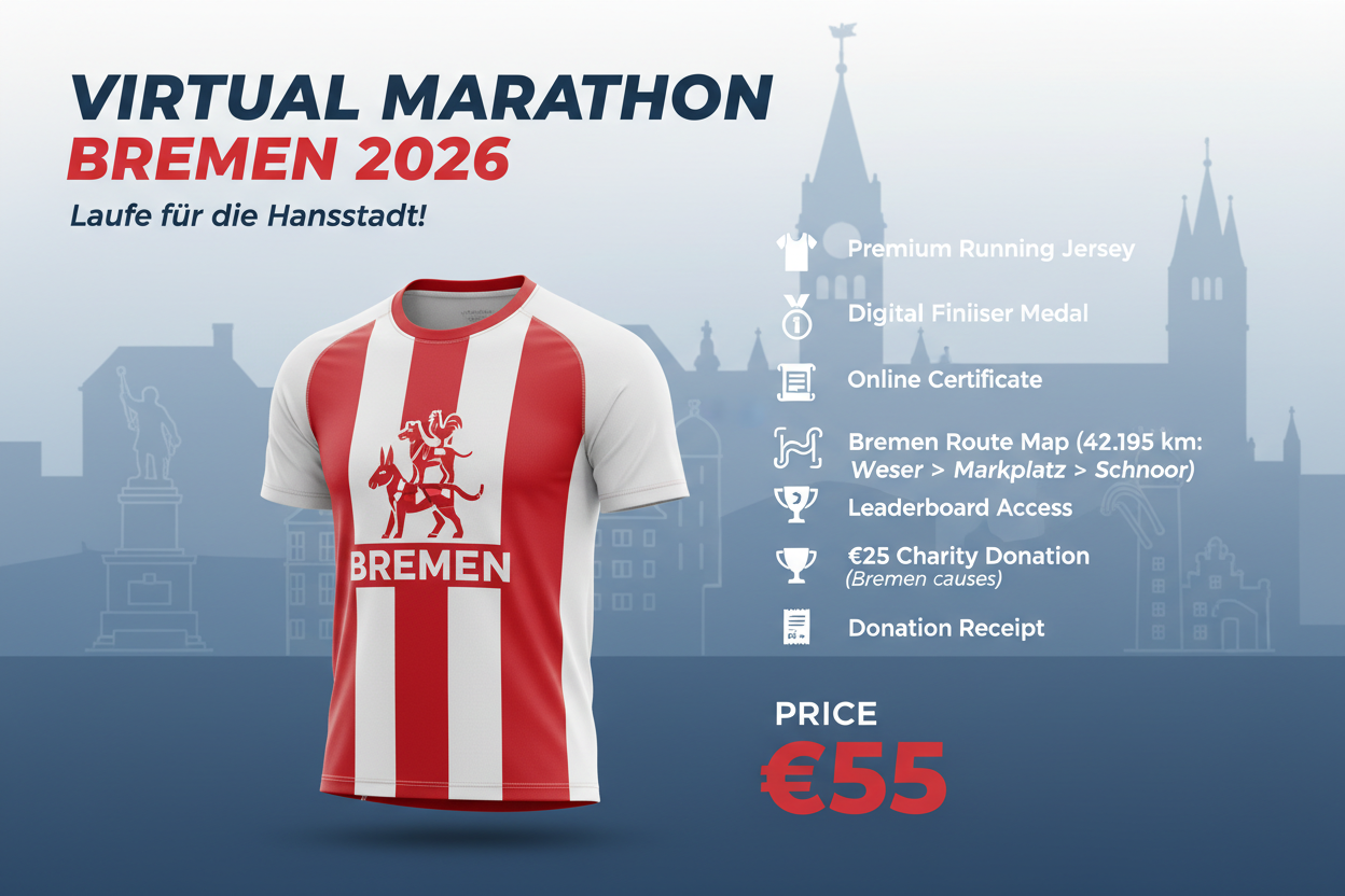 🏃 Virtual Marathon Bremen 2026 - Laufe für die Hansestadt!
Repräsentiere Bremen! Virtueller Marathon mit Bremen-Trikot in Rot-Weiß.
✅ Im Ticket enthalten (€55):
🎽 Bremen City Trikot - Design mit Bremer Stadtmusikanten (Rot/Weiß)
🏅 Digitale Finisher-Medaille
📜 Digitales Zertifikat
🗺️ Bremen Route Map - 42,195 km (Weser → Marktplatz → Schnoor)
🏆 Leaderboard
❤️ €25 Charity Spende
📋 Spendenquittung
Lauf für Bremen! GENERIERE INFO BLATT MIT TRIKOT