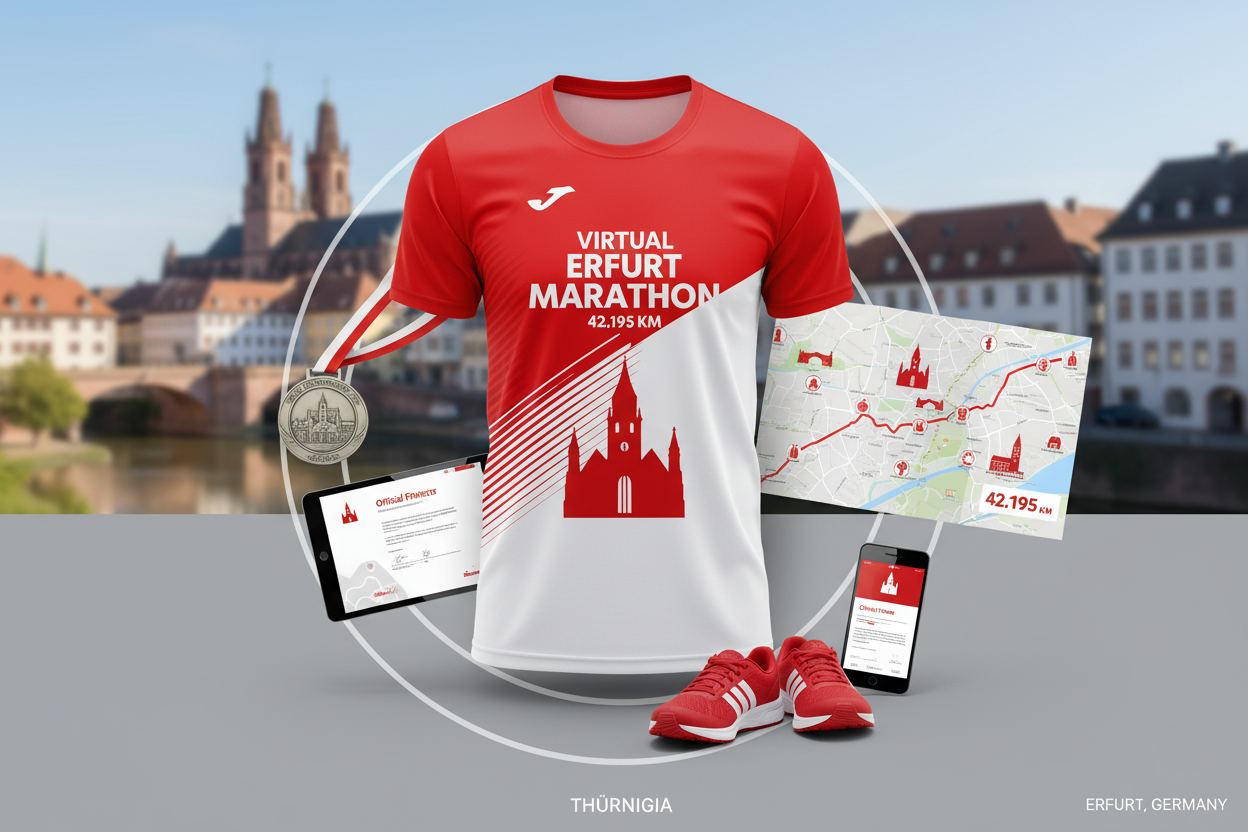 🏃 Virtual Marathon Erfurt 2026 - Laufe für Thüringen!
Repräsentiere Erfurt & Thüringen! Virtueller Marathon mit Erfurt-Trikot in Rot-Weiß.
✅ Im Ticket enthalten (€55):
🎽 Erfurt City Trikot - Design mit Erfurter Dom (Rot/Weiß)
🏅 Digitale Finisher-Medaille
📜 Digitales Zertifikat
🗺️ Erfurt Route Map - 42,195 km (Krämerbrücke → Dom → Altstadt)
🏆 Leaderboard
❤️ €25 Charity Spende
📋 Spendenquittung
Lauf für Erfurt!