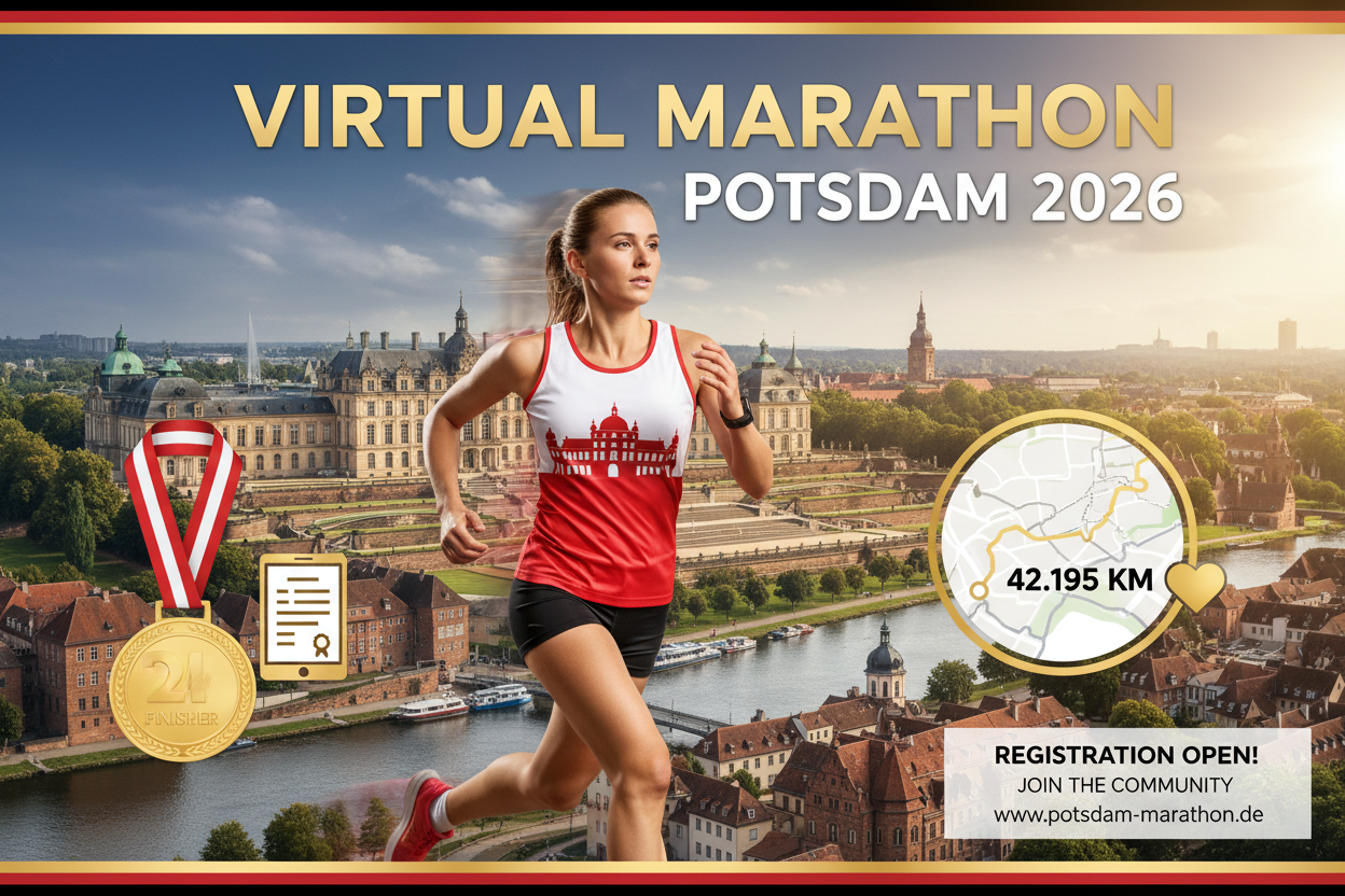 🏃 Virtual Marathon Potsdam 2026 - Laufe für Brandenburg!
Repräsentiere Potsdam & Brandenburg! Virtueller Marathon mit Potsdam-Trikot in Rot-Weiß.
✅ Im Ticket enthalten (€55):
🎽 Potsdam City Trikot - Design mit Schloss Sanssouci (Rot/Weiß)
🏅 Digitale Finisher-Medaille
📜 Digitales Zertifikat
🗺️ Potsdam Route Map - 42,195 km (Sanssouci → Havel → Altstadt)
🏆 Leaderboard
❤️ €25 Charity Spende
📋 Spendenquittung
Lauf für Potsdam!