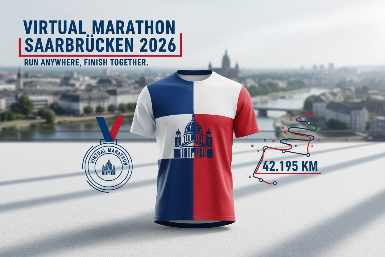 🏃 Virtual Marathon Saarbrücken 2026 - Laufe für das Saarland!
Repräsentiere Saarbrücken & Saarland! Virtueller Marathon mit Saarbrücken-Trikot in Blau-Weiß-Rot.
✅ Im Ticket enthalten (€55):
🎽 Saarbrücken City Trikot - Design mit Ludwigskirche (Blau/Weiß/Rot)
🏅 Digitale Finisher-Medaille
📜 Digitales Zertifikat
🗺️ Saarbrücken Route Map - 42,195 km (Saar → Ludwigskirche → Altstadt)
🏆 Leaderboard
❤️ €25 Charity Spende
📋 Spendenquittung
Lauf für Saarbrücken!