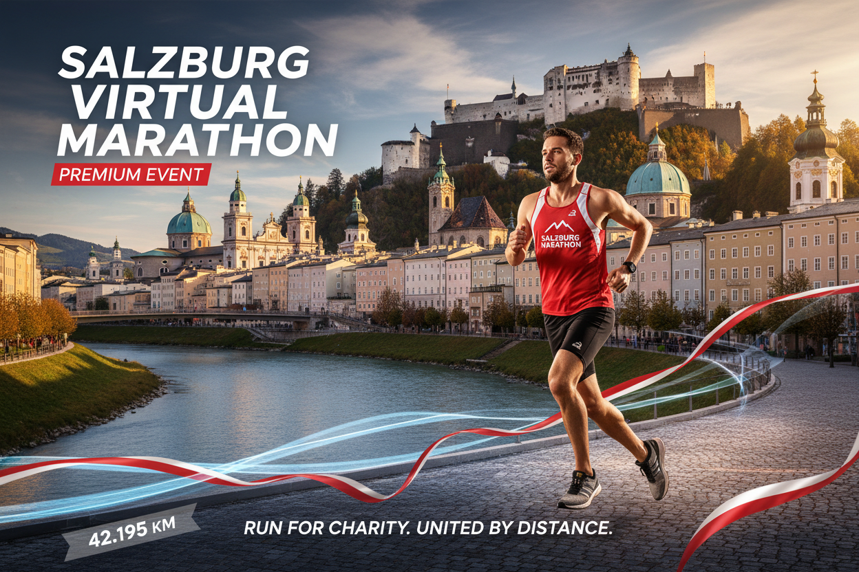 🏃 Virtual Marathon Salzburg 2026 - Laufe für Salzburg & Österreich!
Repräsentiere Salzburg & Österreich! Virtueller Marathon mit Salzburg-Trikot in Rot-Weiß und Charity für Kinder.
✅ Was ist im Ticket enthalten (€55):
🎽 Salzburg City Trikot - Design mit Festung Hohensalzburg (Rot/Weiß)
🏅 Digitale Finisher-Medaille - Personalisiert
📜 Digitales Zertifikat - Offizielles B-READY Zertifikat
🗺️ Salzburg Route Map - 42,195 km (Altstadt → Festung → Salzach)
🏆 Leaderboard - Salzburg-Läufer Ranking
❤️
