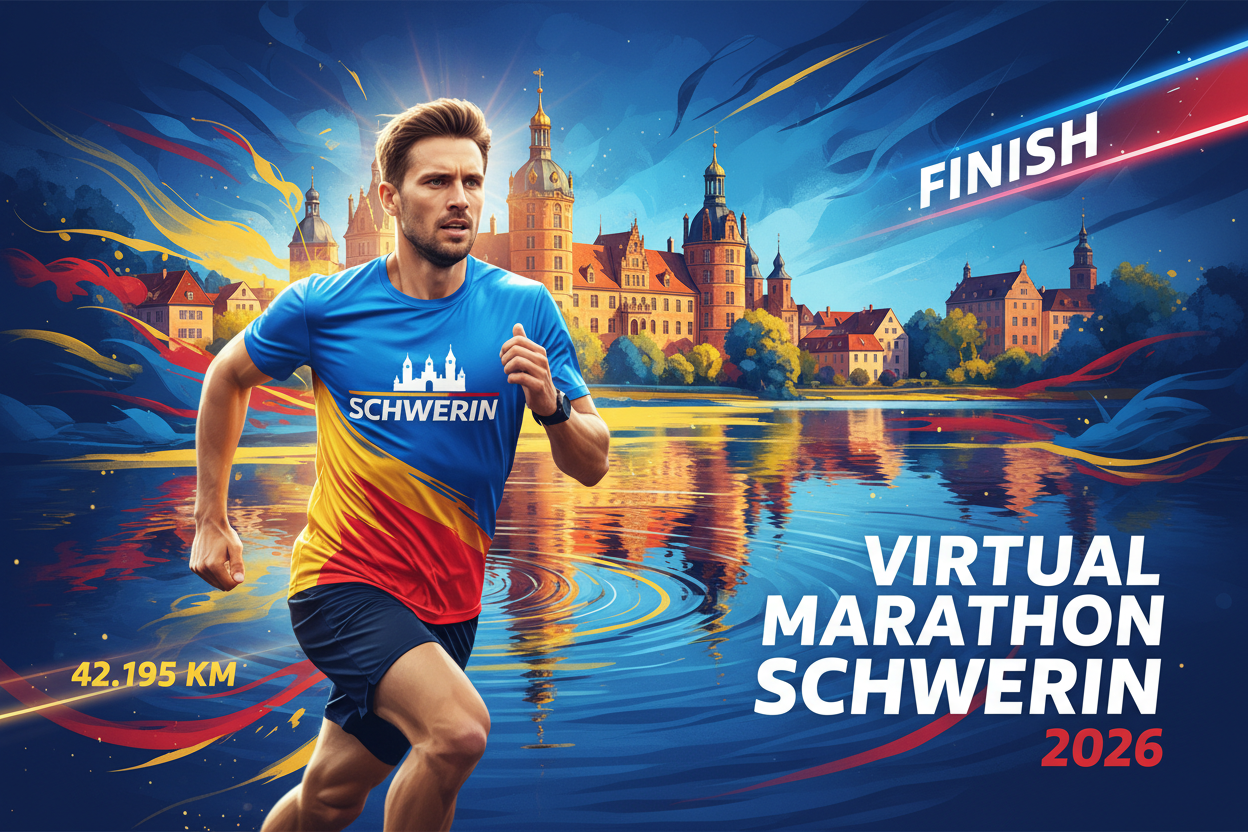 🏃 Virtual Marathon Schwerin 2026 - Laufe für Mecklenburg-Vorpommern!
Repräsentiere Schwerin & MV! Virtueller Marathon mit Schwerin-Trikot in Blau-Gelb-Rot.
✅ Im Ticket enthalten (€55):
🎽 Schwerin City Trikot - Design mit Schweriner Schloss (Blau/Gelb/Rot)
🏅 Digitale Finisher-Medaille
📜 Digitales Zertifikat
🗺️ Schwerin Route Map - 42,195 km (Schweriner See → Schloss → Altstadt)
🏆 Leaderboard
❤️ €25 Charity Spende
📋 Spendenquittung
Lauf für Schwerin! powered by B-READY26.COM