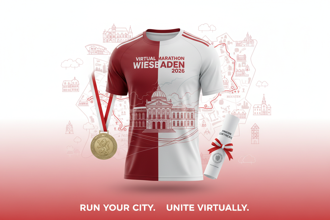 🏃 Virtual Marathon Wiesbaden 2026 - Laufe für Hessen!
Repräsentiere Wiesbaden & Hessen! Virtueller Marathon mit Wiesbaden-Trikot in Rot-Weiß.
✅ Im Ticket enthalten (€55):
🎽 Wiesbaden City Trikot - Design mit Kurhaus (Rot/Weiß)
🏅 Digitale Finisher-Medaille
📜 Digitales Zertifikat
🗺️ Wiesbaden Route Map