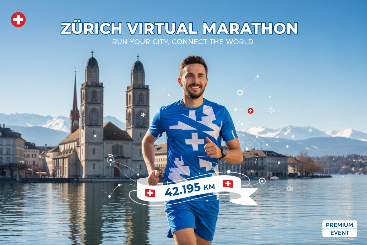 🏃 Virtual Marathon Zürich 2026 - Laufe für die Schweiz!
Repräsentiere Zürich & Schweiz weltweit! Virtueller Marathon mit Zürich-Trikot in Blau-Weiß.
✅ Im Ticket enthalten (CHF 60 / €55):
🎽 Zürich City Trikot - Design mit Grossmünster (Blau/Weiß)
🏅 Digitale Finisher-Medaille
📜 Digitales Zertifikat
🗺️ Zürich Route Map - 42,195 km (Zürichsee → Altstadt → Limmat)
🏆 Leaderboard
❤️ CHF 27 Charity Spende
📋 Spendenquittung - Steuerlich absetzbar in CH!
📅 Zwei Optionen:
JEDERZEIT: Firmen, Familien, Sc