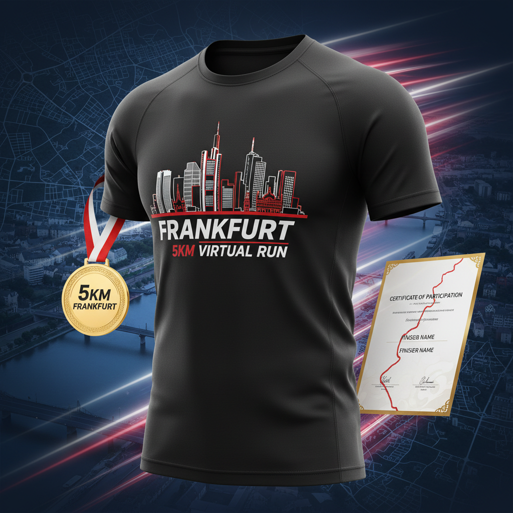 🏃 VIRTUAL RUN FRANKFURT 5KM - Skyline Fun Run!
5km für Frankfurt! Laufe für die Finanzmetropole!
✅ Komplett-Paket (€25):
🎽 Frankfurt City-Trikot - Skyline, Schwarz/Rot/Weiß
🏅 Digitale Medaille - Mit Name & Zeit
📜 Zertifikat - Offiziell
🗺️ 5km Route-Map - Mainufer-Runde
🏆 Leaderboard - 5km Kategorie