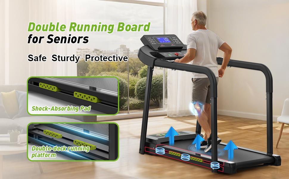 B-READY Family and Elderly Rehabilitation Composite Shock-absorbing Treadmill With Extended Handrails And Enlarged Running Platform, Suitable For The Elderly, Load-bearing 300 Pounds, Safety Key, Easy-to-move Wheels including Trainingsplan Course