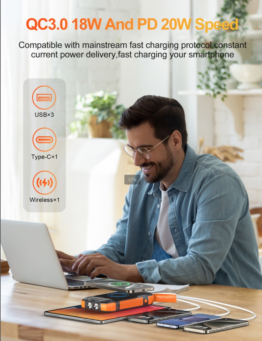 B-READY New Product Large Capacity 20000mAh 3 USB C Flashlight Ip67 Waterproof High-speed Wireless Charger Solar Power Bank B-PREPARED 2026