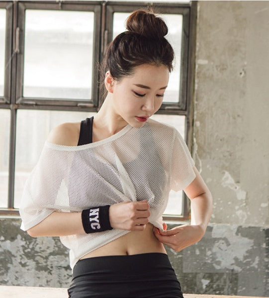 B-READY Women Yoga Shirt Hollow Out Mesh Blouse Crop Tops Sports Running Tshirt Breathable Fitness Tops Gym Clothing for Women