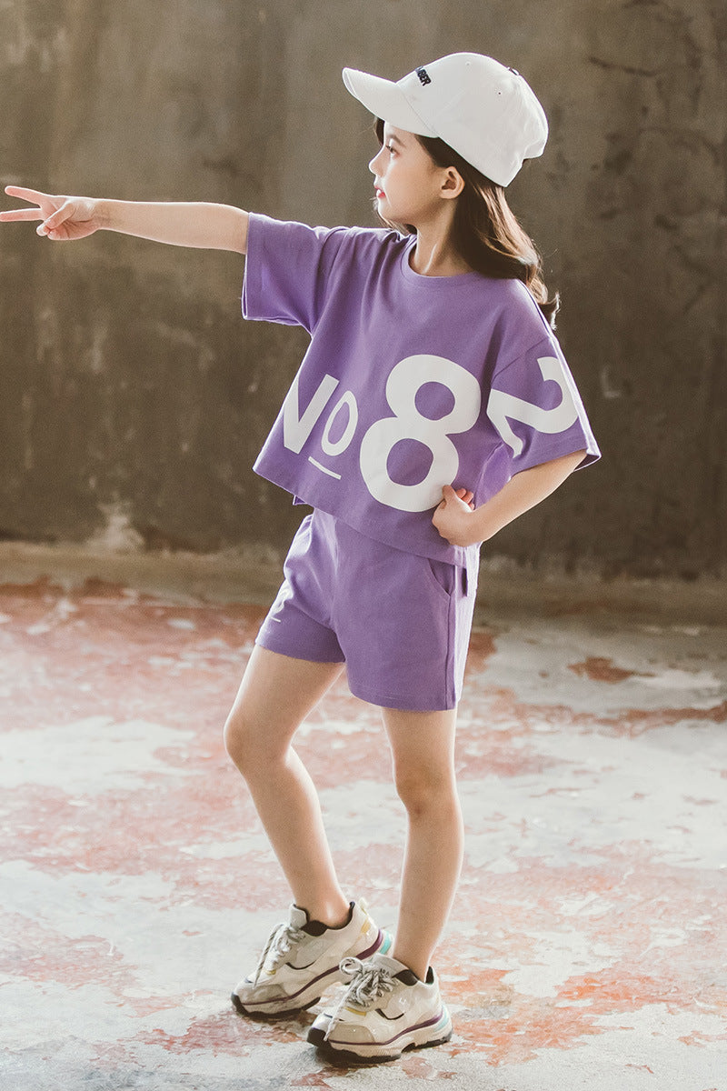 B-READY Loose Children's Wear Girl Short-sleeved Big Kids Sports Two-piece Suit
