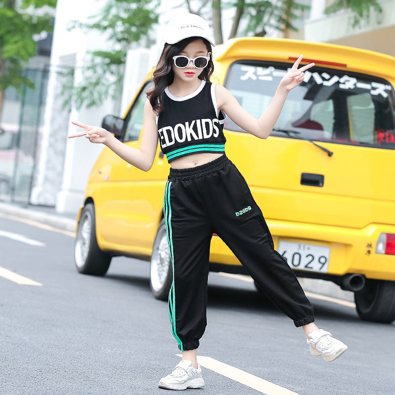 B-READY Girls Big Kids Summer Suit New Girl Western Style Navel Blouse Vest Two-piece Sports and Leisure