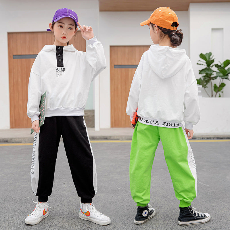 B-READY  Spring Suit New Middle School Children"s Hooded Sweater Pure Cotton Color Matching Leggings Children"s Sports Pants Fashion