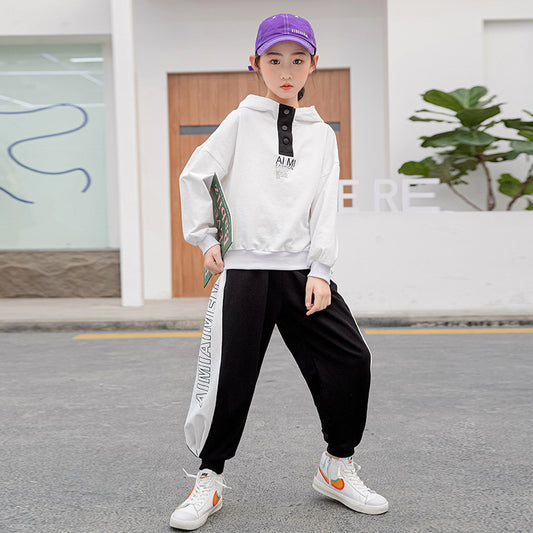 B-READY  Spring Suit New Middle School Children"s Hooded Sweater Pure Cotton Color Matching Leggings Children"s Sports Pants Fashion