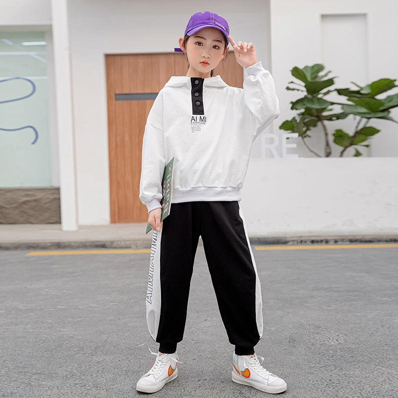 B-READY  Spring Suit New Middle School Children"s Hooded Sweater Pure Cotton Color Matching Leggings Children"s Sports Pants Fashion