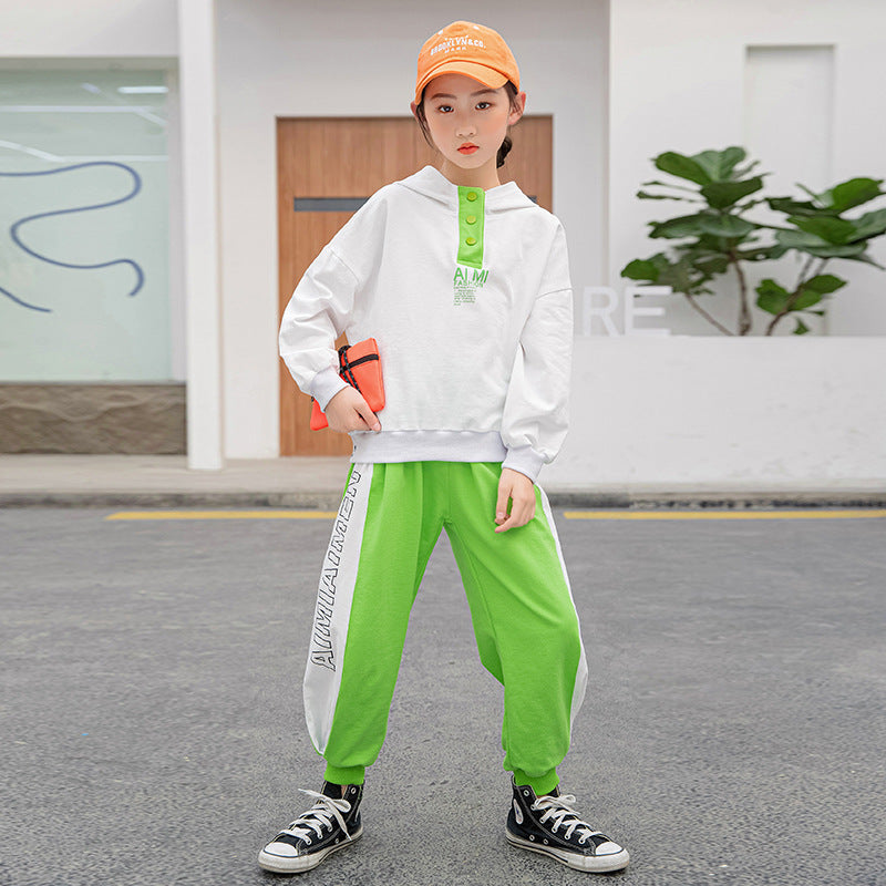 B-READY  Spring Suit New Middle School Children"s Hooded Sweater Pure Cotton Color Matching Leggings Children"s Sports Pants Fashion