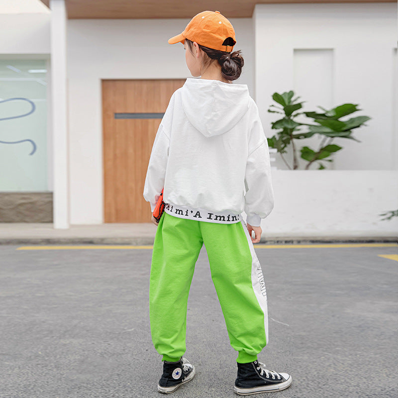 B-READY  Spring Suit New Middle School Children"s Hooded Sweater Pure Cotton Color Matching Leggings Children"s Sports Pants Fashion