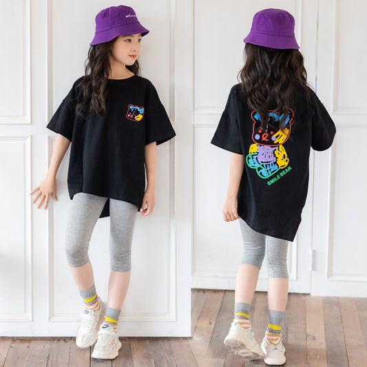 B-READY Cartoon Irregular Top Short-sleeved Half-sleeve Big Kids' Trendy Clothes