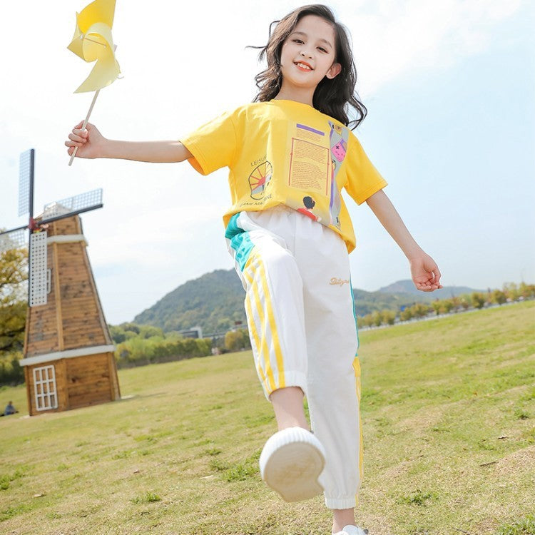 B-READY Short-sleeved T-shirt Set, Big Kids Sports, Western Style, Korean Printing