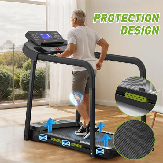 B-READY Family and Elderly Rehabilitation Composite Shock-absorbing Treadmill With Extended Handrails And Enlarged Running Platform, Suitable For The Elderly, Load-bearing 300 Pounds, Safety Key, Easy-to-move Wheels including Trainingsplan Course
