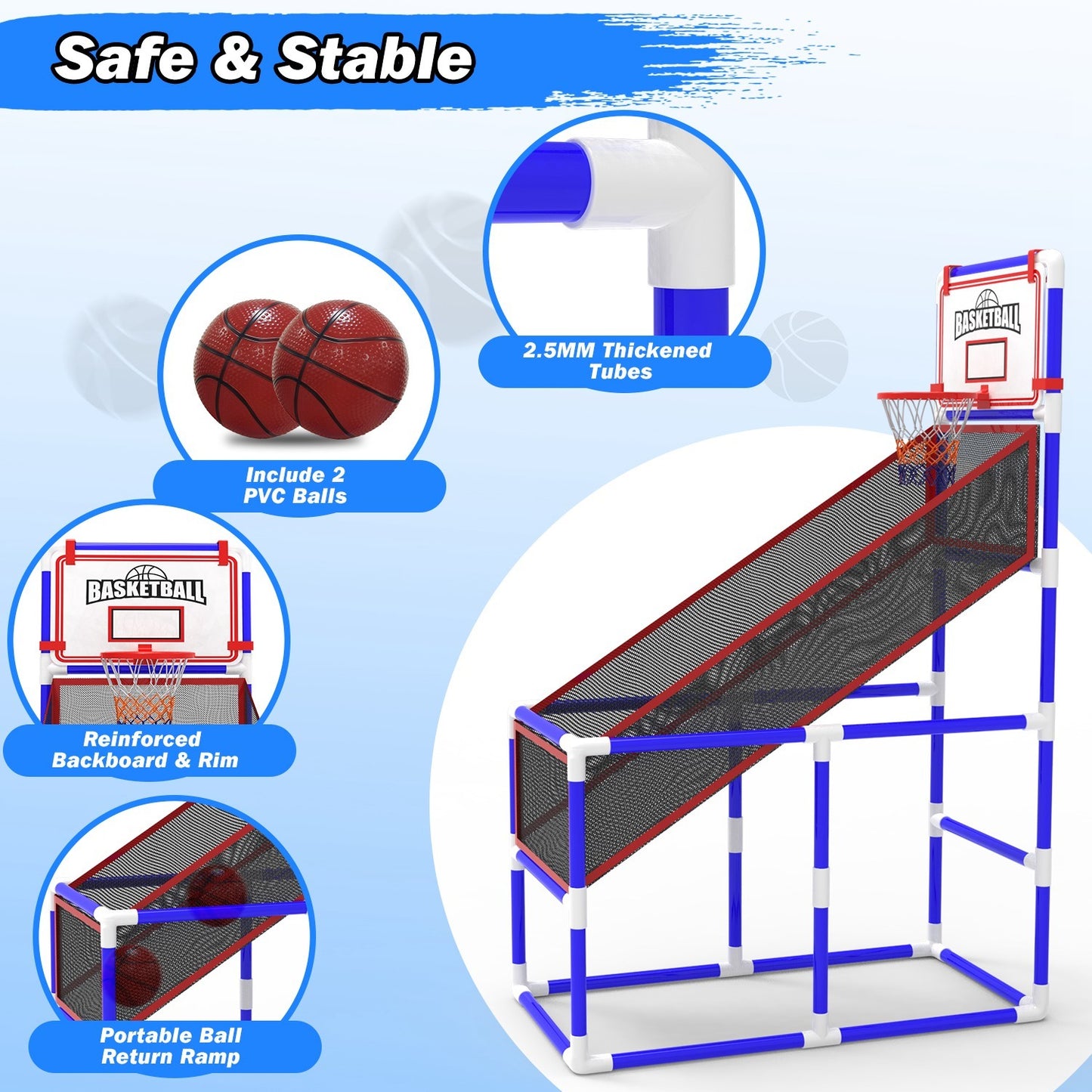 B-READY 1Set Kids Basketball Game Set With 2 Balls Adjustable Height Basketball Hoop Arcade Game Indoor Outdoor Toys For Boys Girls