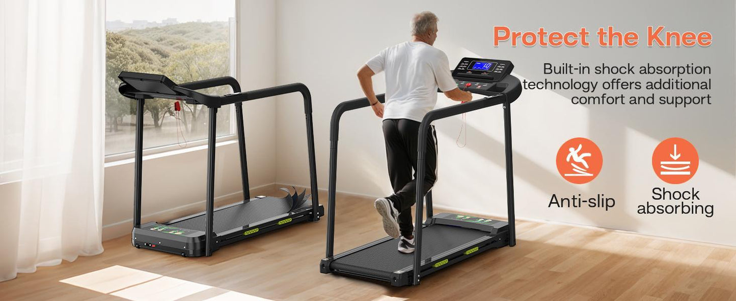 B-READY Family and Elderly Rehabilitation Composite Shock-absorbing Treadmill With Extended Handrails And Enlarged Running Platform, Suitable For The Elderly, Load-bearing 300 Pounds, Safety Key, Easy-to-move Wheels including Trainingsplan Course