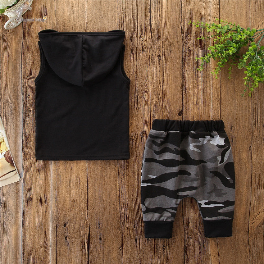 B-READY 2PCS Toddler Kids Baby Boy Sleeveless Hooded Clothes T-shirt Tops Camo Pants Outfits