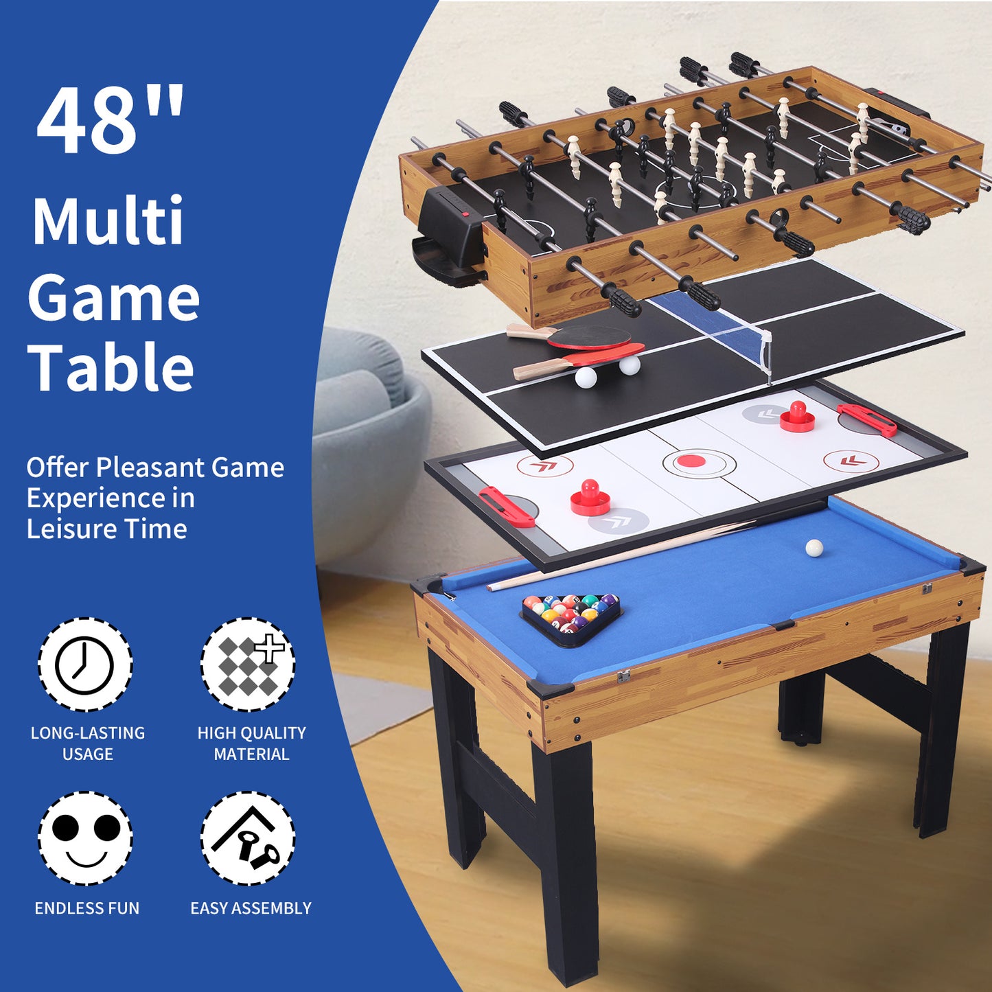 B-READY 48in Folding Portable Combination Game Table  Set With Ping Pong, Air Hockey, Pool Billiards For Kids And Adults, Indoor And Outdoor Games