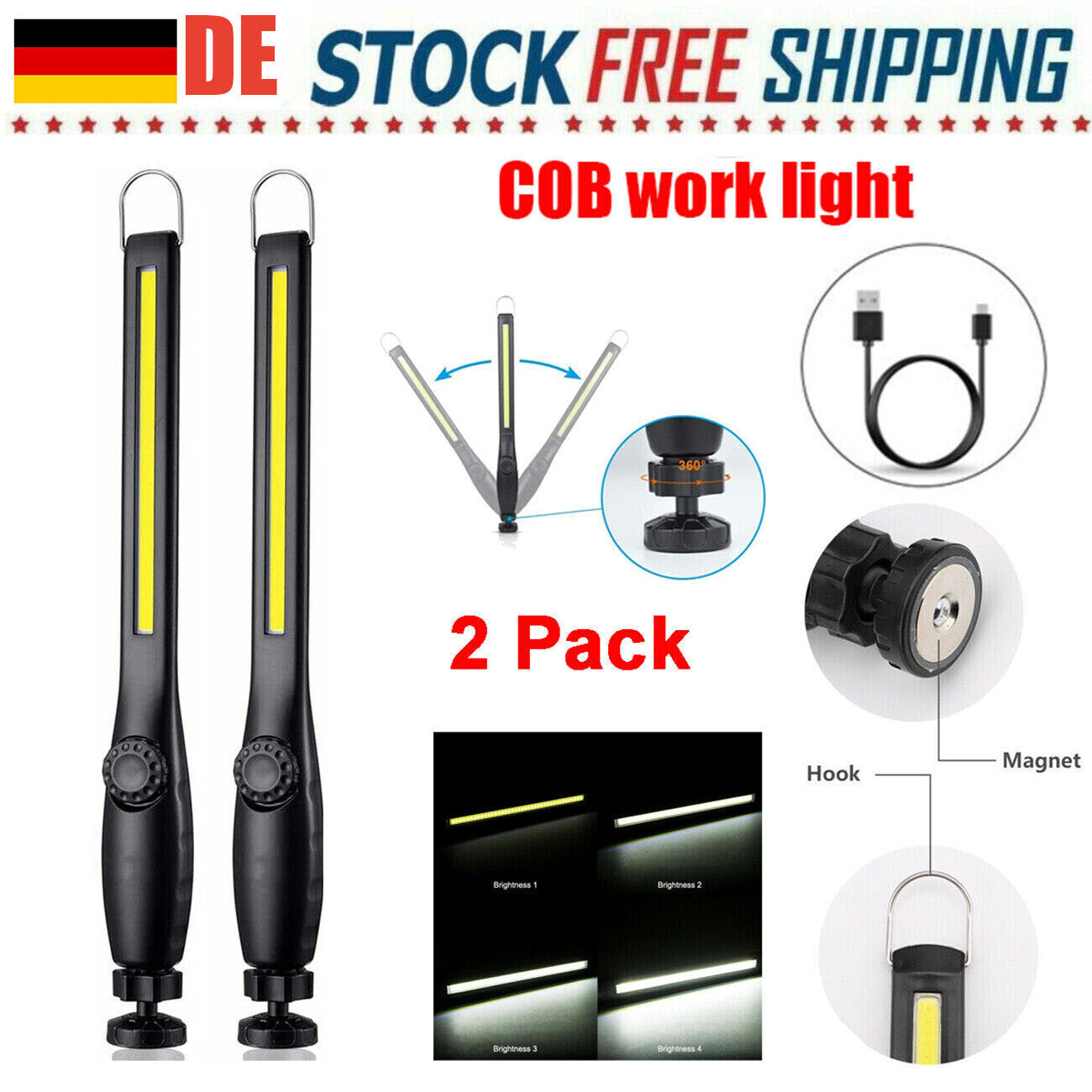 B-READY USB Rechargeable Work Light Magnetic LED Flashlight Flexible Cordless Torch Automotive Inspection Emergency Light 2 PACK B-PREPARED 2026