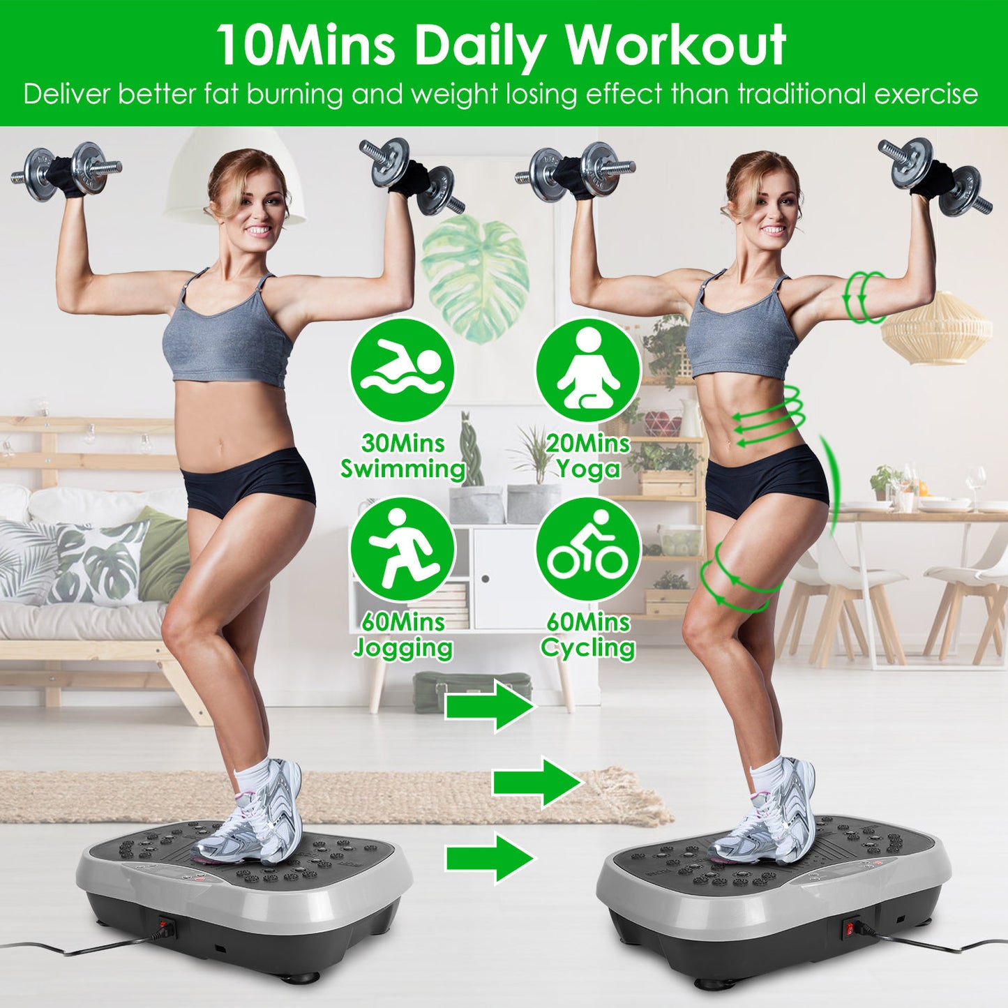B-READY Smart 1Pc Vibration Exercise Machine With Resistant Bands Remote Control Whole Body Vibration Platform Workout Equipment Home Fitness Training Equipment For Weight Loss Fat Burner