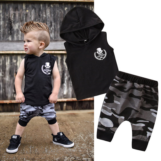 B-READY 2PCS Toddler Kids Baby Boy Sleeveless Hooded Clothes T-shirt Tops Camo Pants Outfits