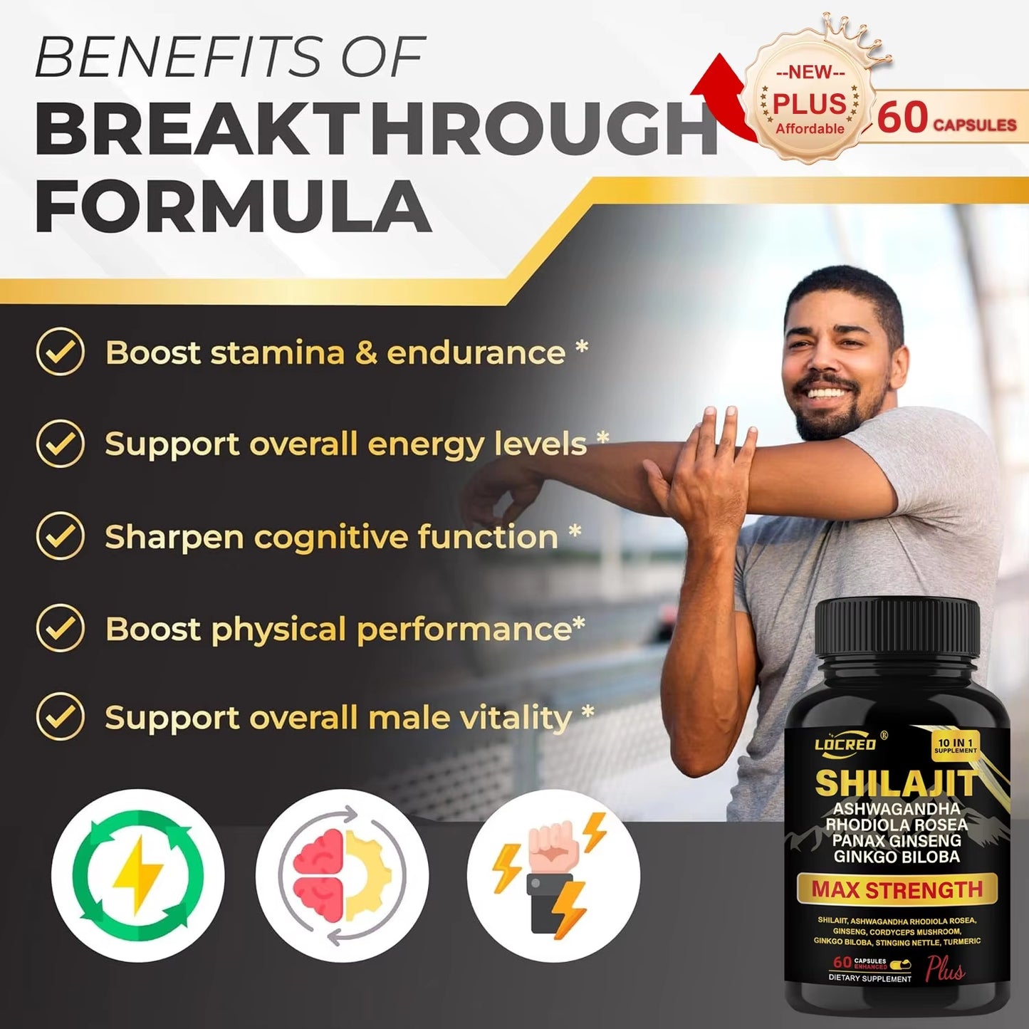 B-READY Shilajit Capsules Ashwagandha Extra Strength Dietary Supplement 60 Capsules Unisex Boost Performance