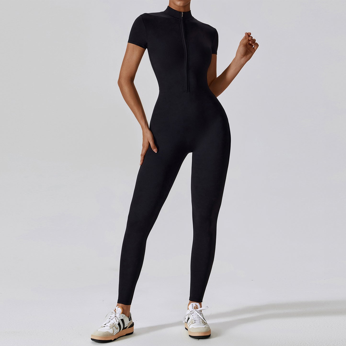 B-READY Zipper Short Sleeve Nude Feel Yoga Jumpsuit