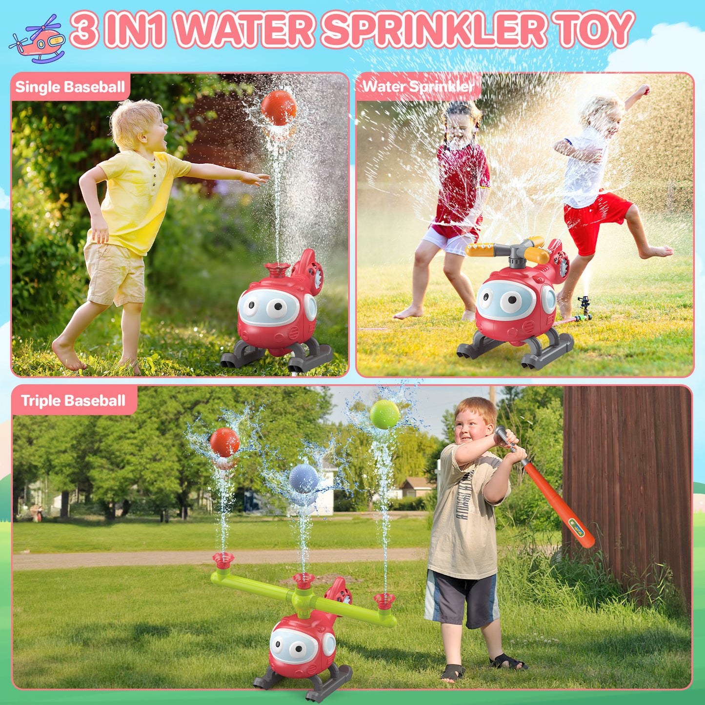 4-in-1-Wassersprinkler-T-Ball-Set für Kinder und Kleinkinder, Baseball-Sprinkler für Hinterhof-Hubschrauber-Spielzeug im Freien, Befestigung am Gartenschlauch, Wasserspielzeug für Sommergartenpool