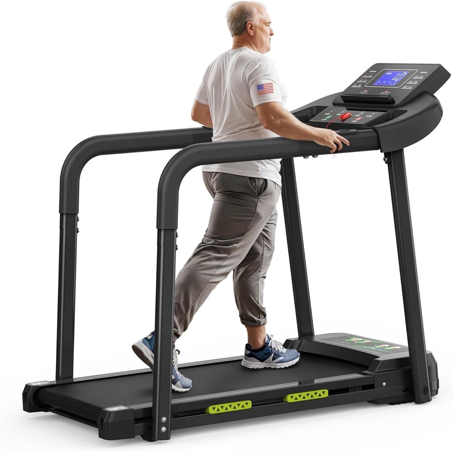B-READY Family and Elderly Rehabilitation Composite Shock-absorbing Treadmill With Extended Handrails And Enlarged Running Platform, Suitable For The Elderly, Load-bearing 300 Pounds, Safety Key, Easy-to-move Wheels including Trainingsplan Course