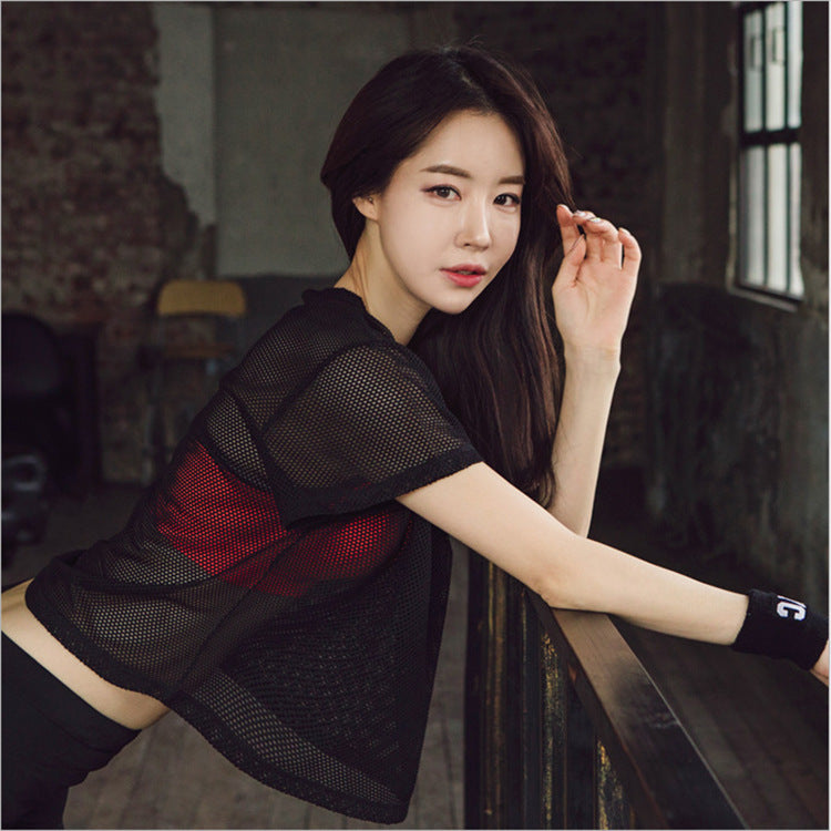 B-READY Women Yoga Shirt Hollow Out Mesh Blouse Crop Tops Sports Running Tshirt Breathable Fitness Tops Gym Clothing for Women