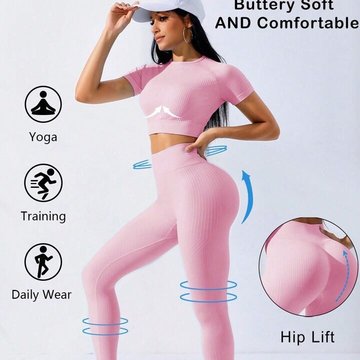 B-READY Women's Seamless Thread Yoga Suit Short Sleeve