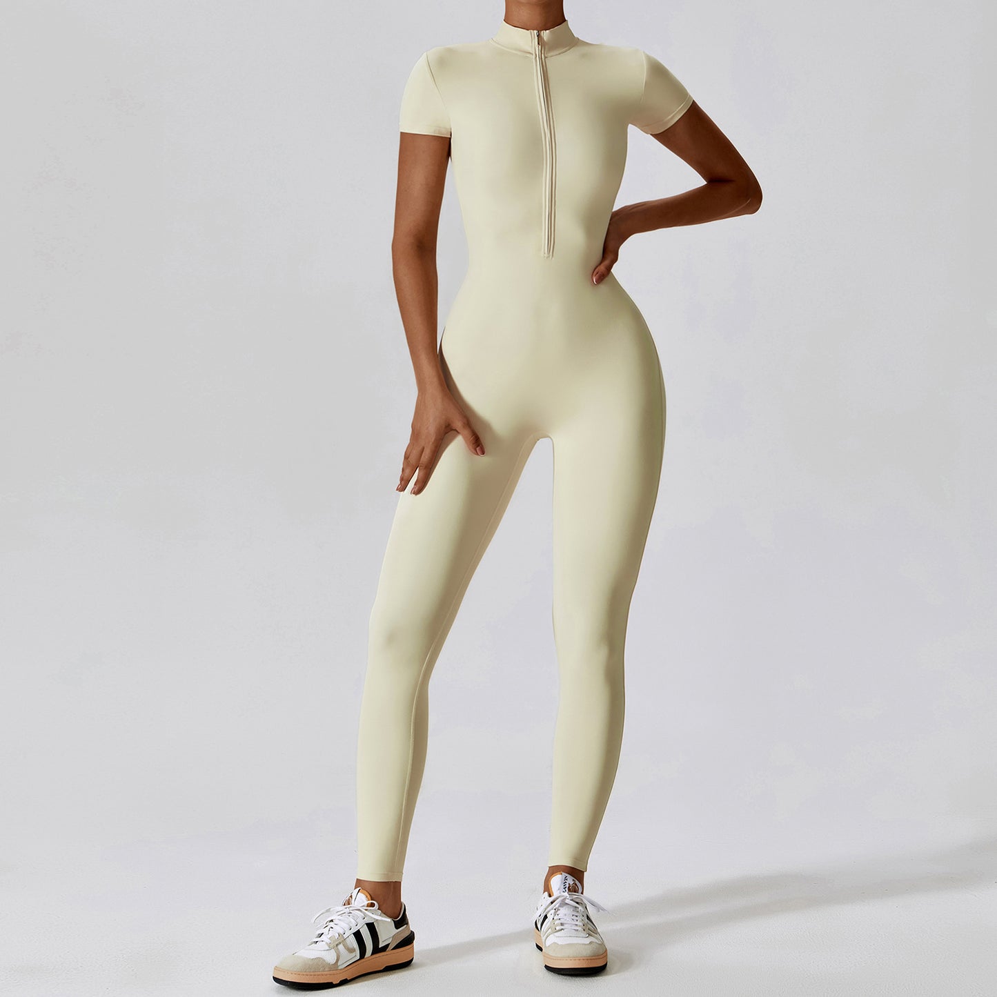 B-READY Zipper Short Sleeve Nude Feel Yoga Jumpsuit