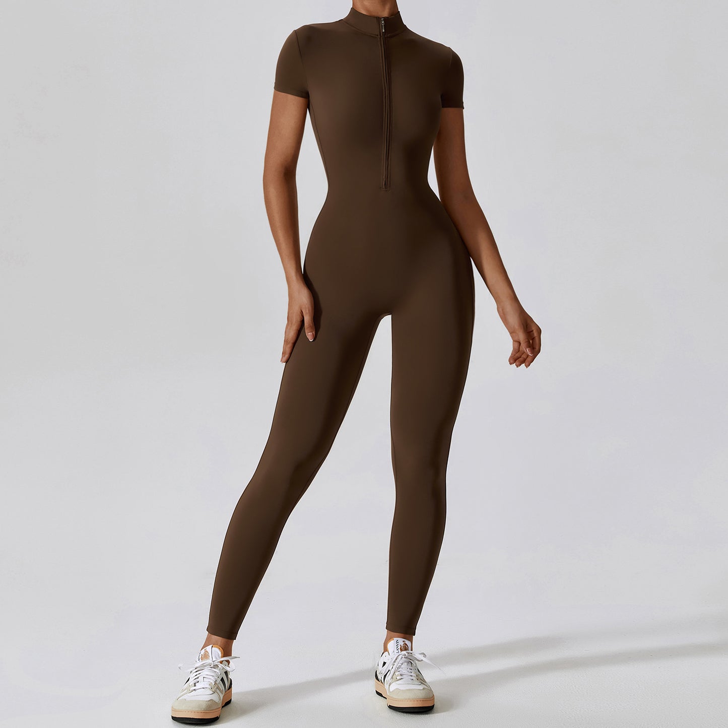B-READY Zipper Short Sleeve Nude Feel Yoga Jumpsuit